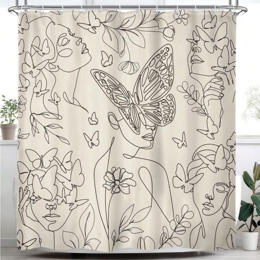 1pc Abstract Line Pattern Shower Curtain With Face, Butterfly And 5 Female